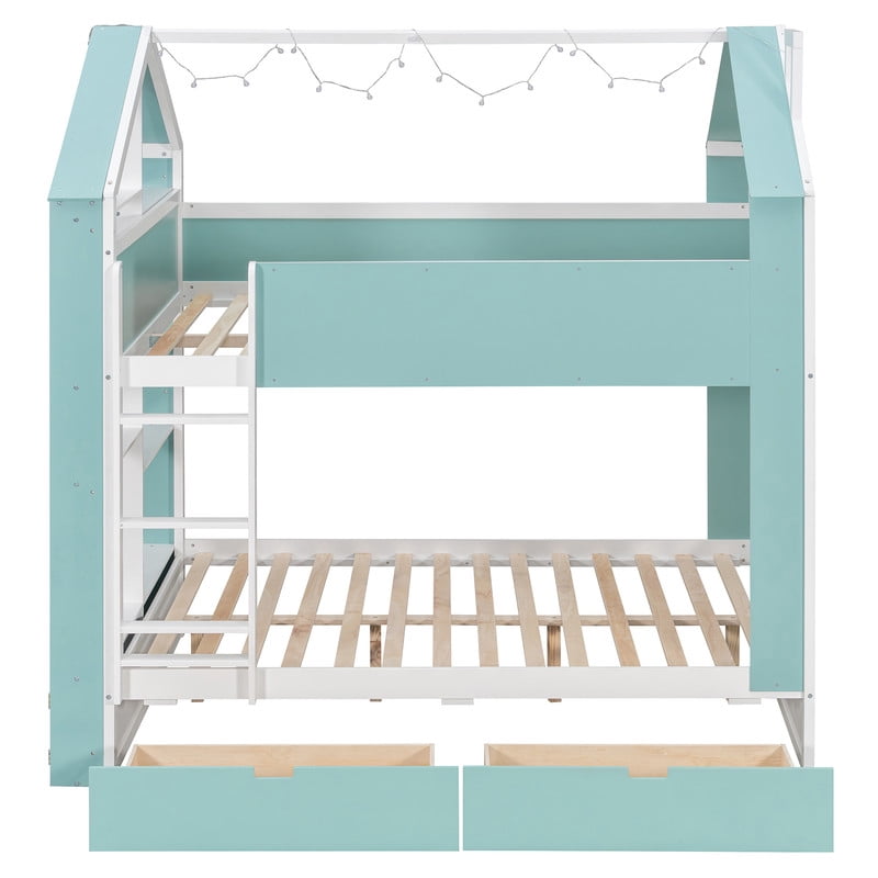 Full Over Full Bunk Bed with Storage Drawers and Shelves, Modern Two-Tone Wood Bunk Bed with LED Light Strip, Safety Guardrails and Ladder, Space-Saving Bed Frame for Kids, Teens
