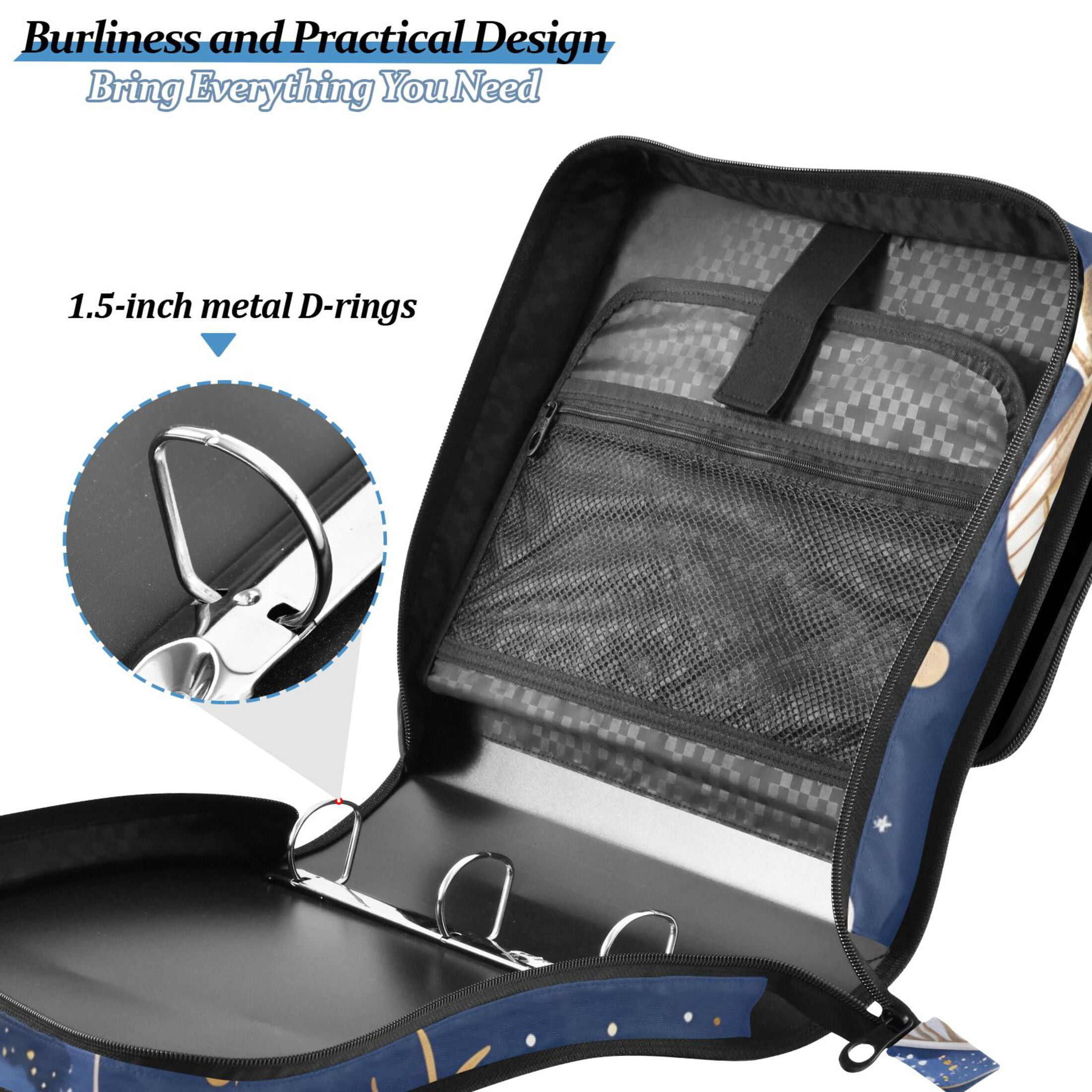 3 Ring Zipper Binder with Shoulder Strap Waterproof Trapper Keeper 2 Inch D-Ring 500 Sheets Capacity Blue Whales Star Seaweed