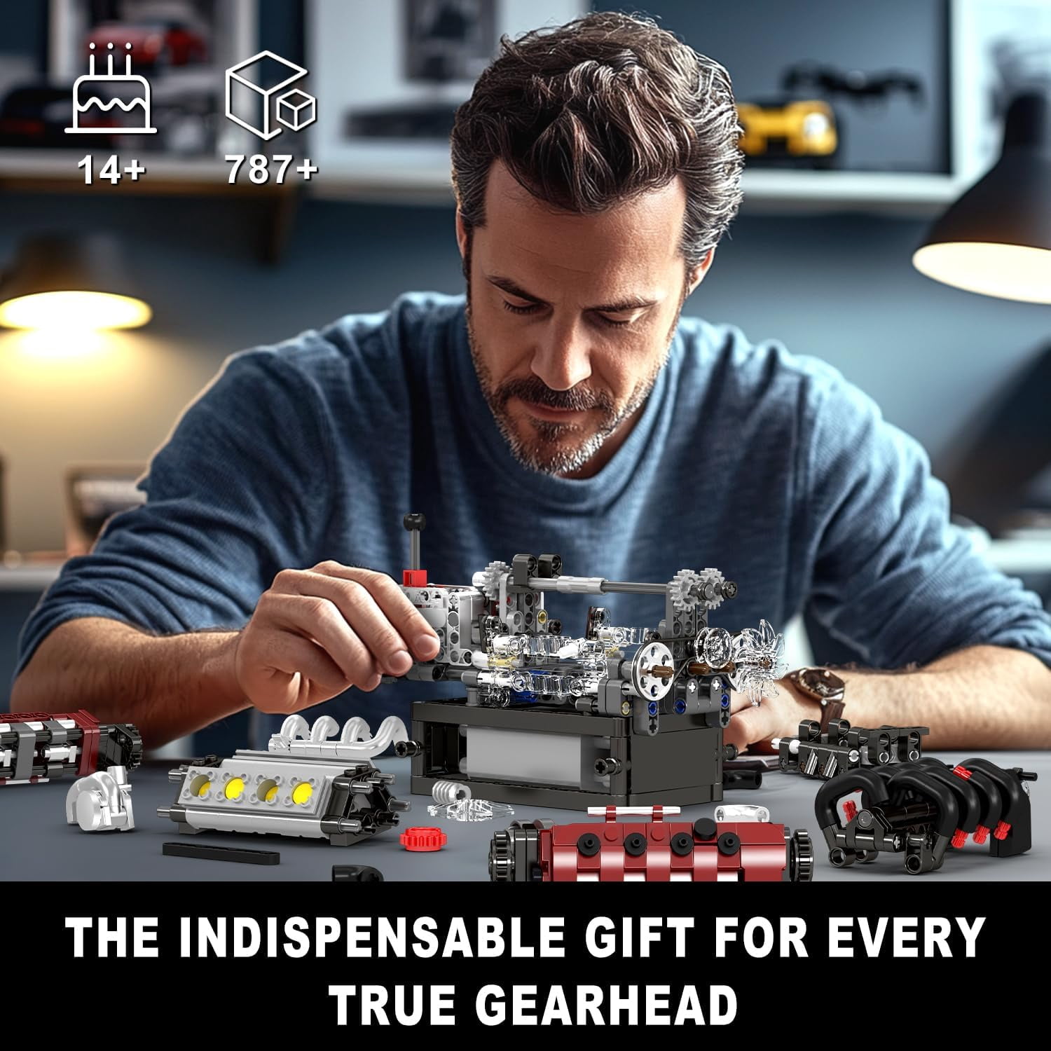 V8 Engine Model Kit, 787 Pcs Mini V8 Engine Kits that Runs, Build Your Own Car Model Engine with Gearshift & Motor, Building Blocks, DIY Construction Engineering Toy