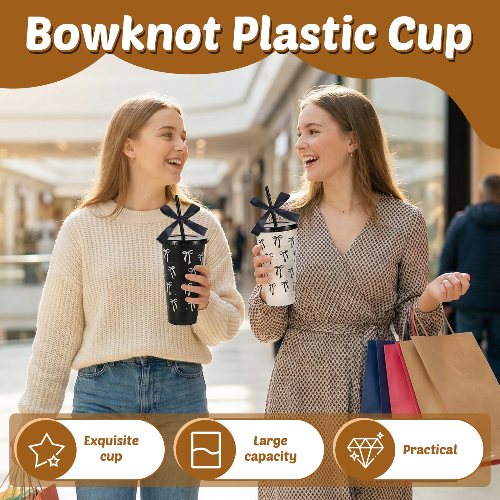 24 Pcs 24oz Bow Plastic Cup with Lid Straw and Ribbon Reusable Tumbler for Birthday Wedding Baby Shower Bridal Party Black