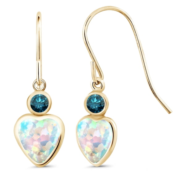 Gem Stone King 14K Yellow Gold White Opal and Blue Diamond French Wire Dangle Hook Earrings for Women (1.70 Cttw, Gemstone October Birthstone, Heart 6MM, Round 3MM)