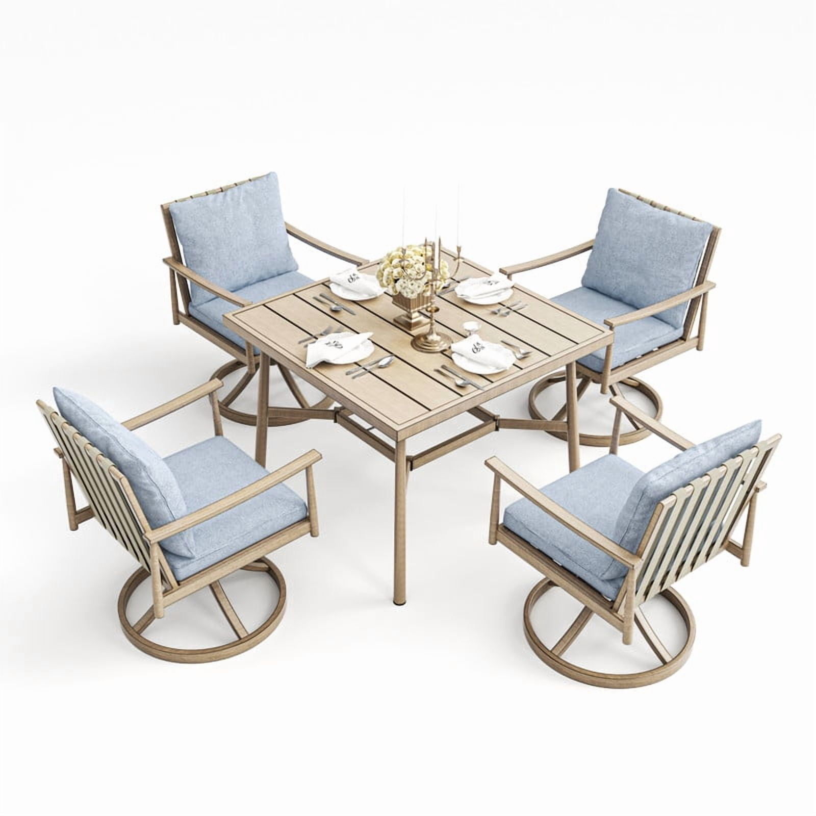 5-Piece Outdoor Dining Set for 4, Aluminum Patio Dining Set Includes 1 Large Square Table with Umbrella Hole & 4 Swivel Dining Chairs