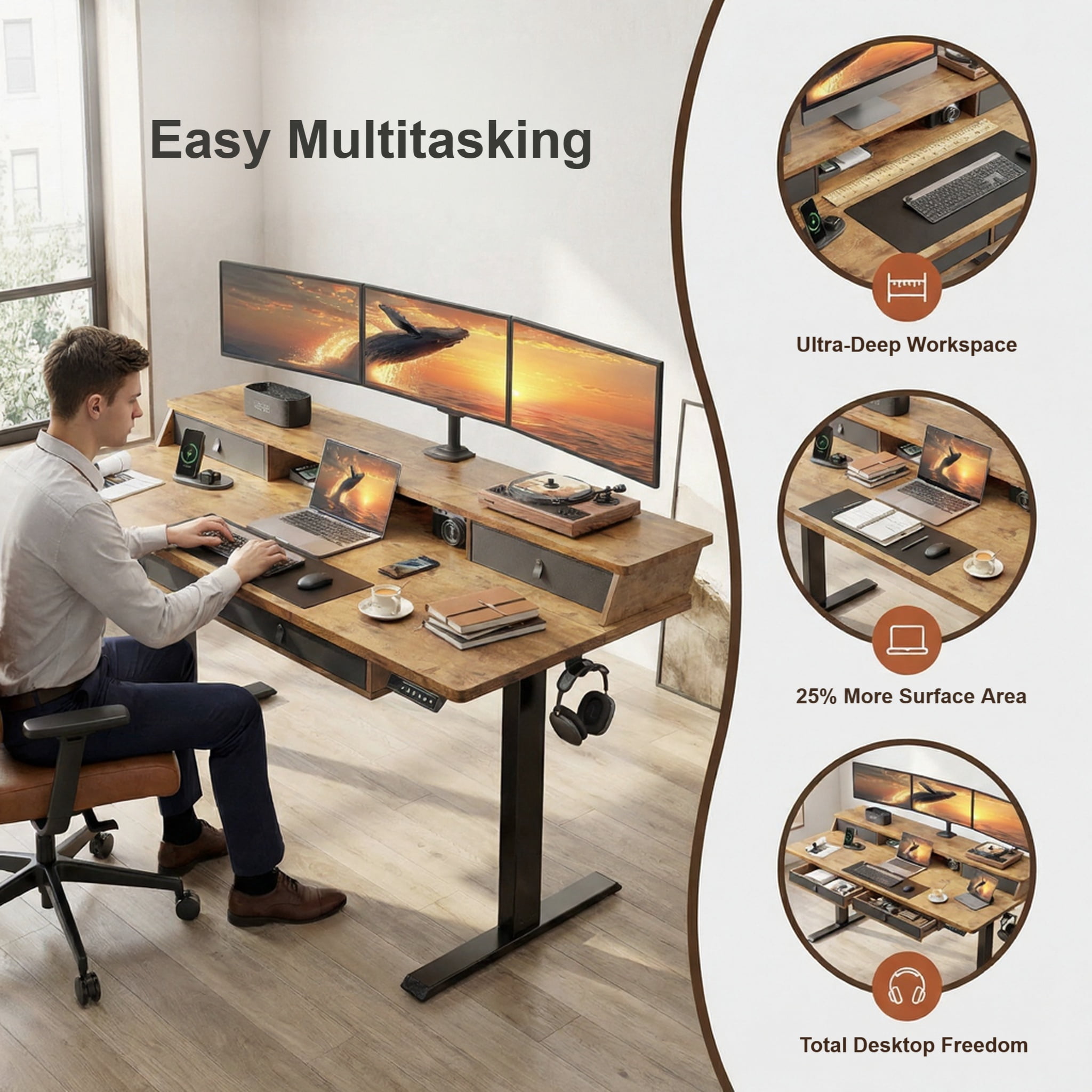 CHITOOMA 55″ x 30″ Standing Desk with Drawers, Electric Height Adjustable Sit Stand Desk with Storage Shelf, 4 Memory Preset Computer Desk with Cable Management Tray for Home Office, Brown
