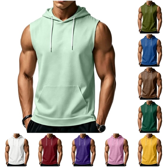 Men's Drawstring Hooded Shirts - Casual Loose Fit Cotton Sleeveless Tee Shirts summer Bodybuilding Muscle Cut Off T-Shirts for Daily Wear Light Green L