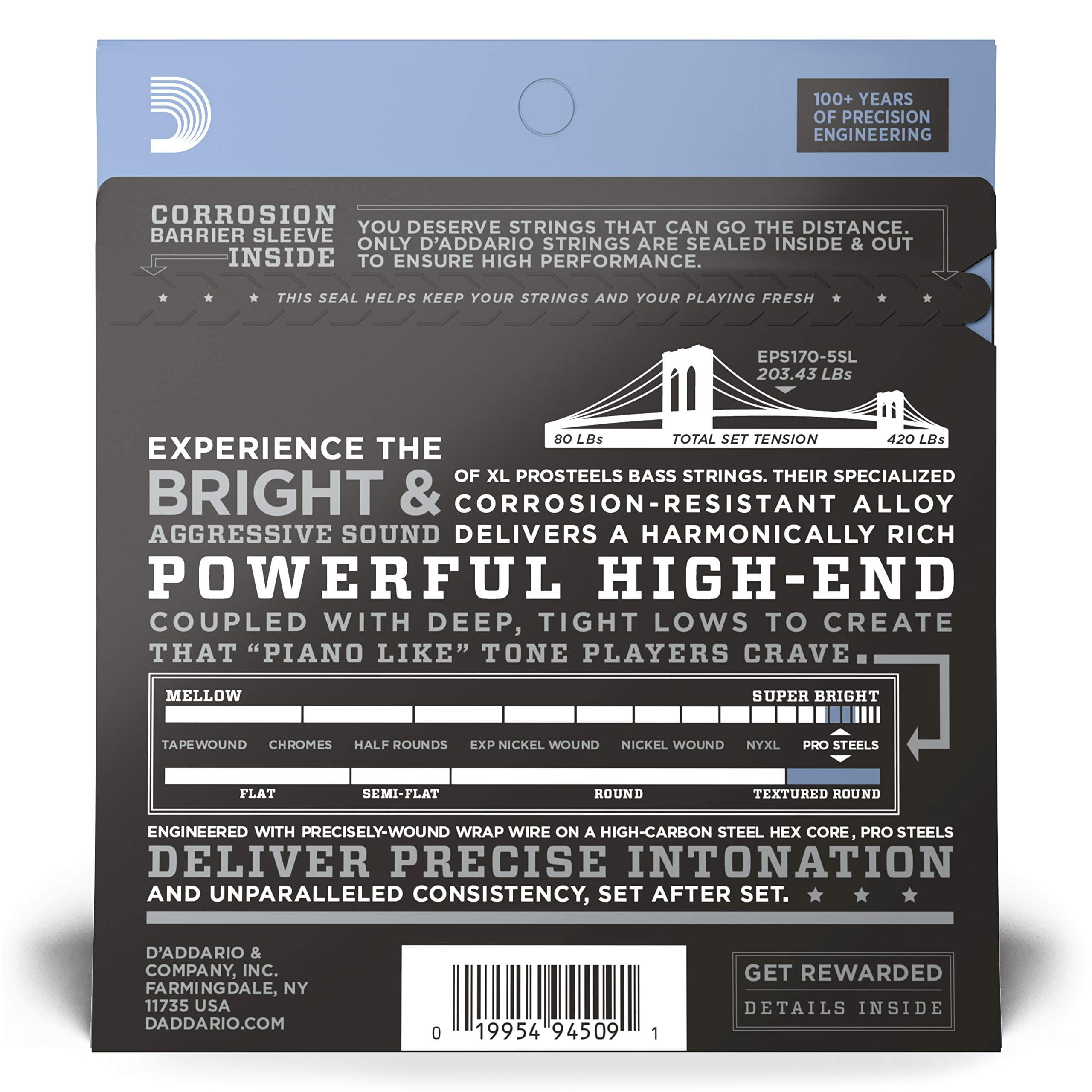 D'Addario EPS170-5SL 5-String ProSteels Bass Guitar Strings, Light, 45-130, Super Long Scale