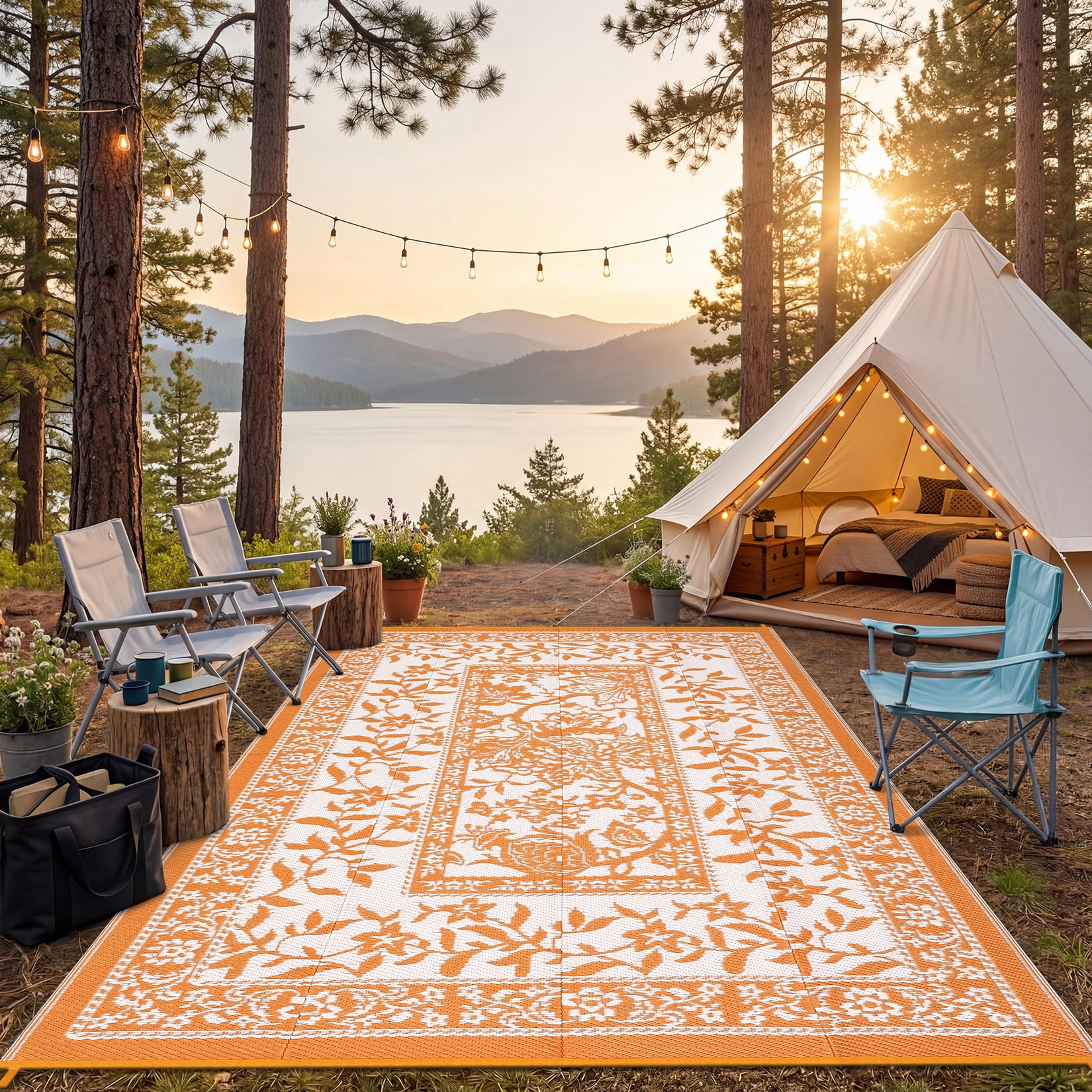 Outdoor Rug, Patio Waterproof, Reversible Plastic Straw Camping Rug, Botanical Grove Vintage Cottage core Outdoor Mat for RV, Deck, Picnic, Beach