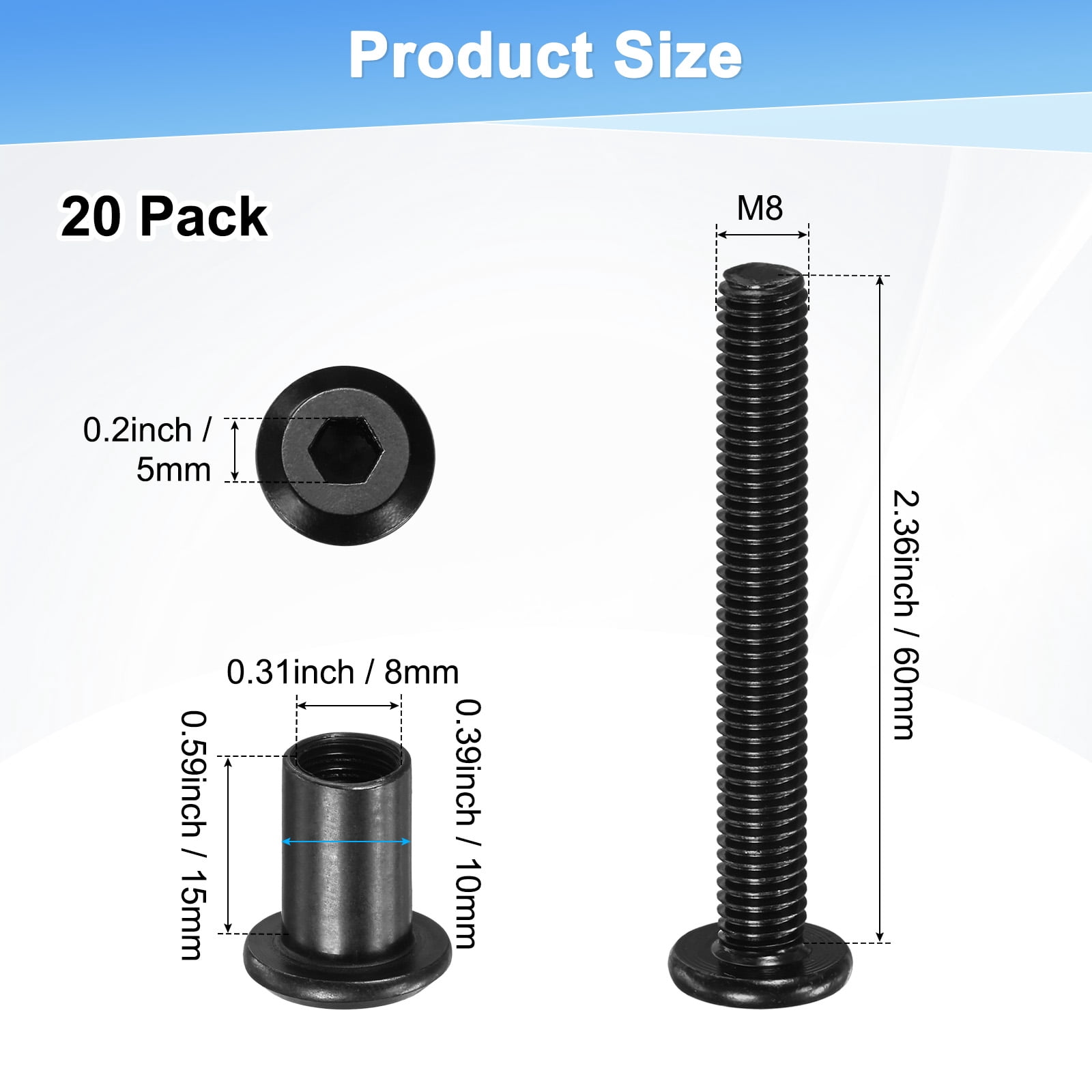 Uxcell 20-Pack Hex Drive Socket Cap Bolt M8 x 60mm Carbon Steel for Furniture