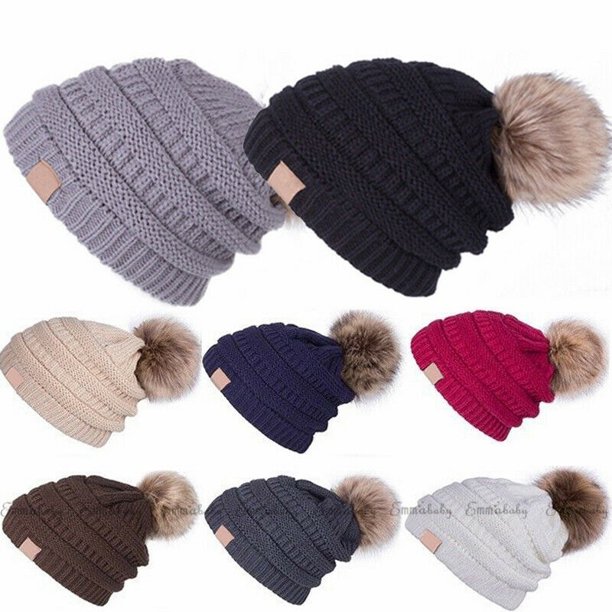 FOCUSNORM Fashion Women Ladies Winter Beanie Hat Warm Knitted With Small Crystals Large Pom
