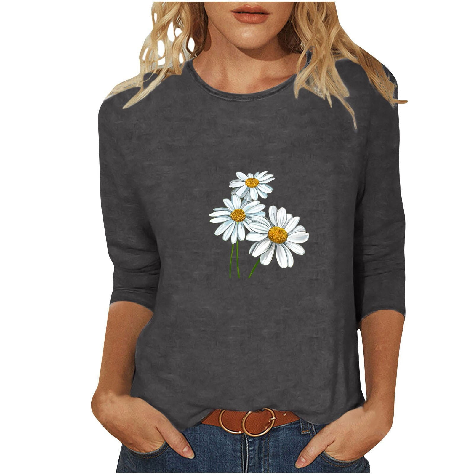 QIPOPIQ Hauts pour Femmes Manches 3/4 Chemises Col Rond Blouses Décontractées Amples Imprimé Marguerite T-Shirts en Liquidation