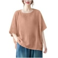 thumbnail image 1 of Vestidos Casuales Para Mujer, Blusas De Mujer De Moda Blusa de mujer de color liso de imitación de lino con hombros descubiertos, manga corta, cuello redondo y dobladillo con abertura, 1 of 5