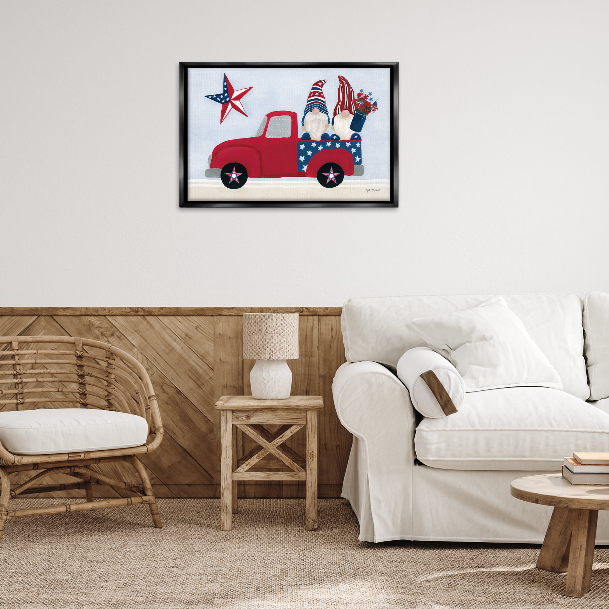 Stupell Industries Patriotic Gnomes in Truck Patriotic Painting Black Floater Framed Canvas Art Print Wall Art, 31 x 21