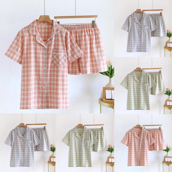 PIWHJQK Women Loungewear Set Pajama Shorts Set Women's Washed Cotton Pajama Set Plaid Short Sleeve Top Outfits Set