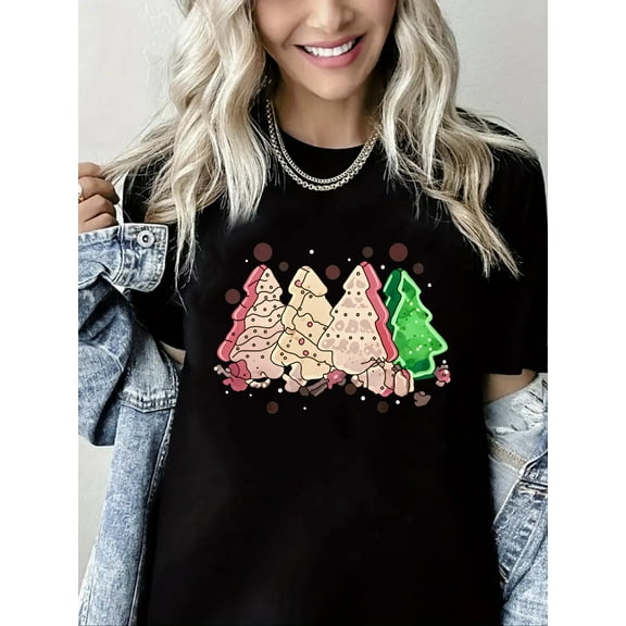 Merry Christmas Tshirt Christmas Trees Print Pure Cotton Short Sleeve Shirt for Woman