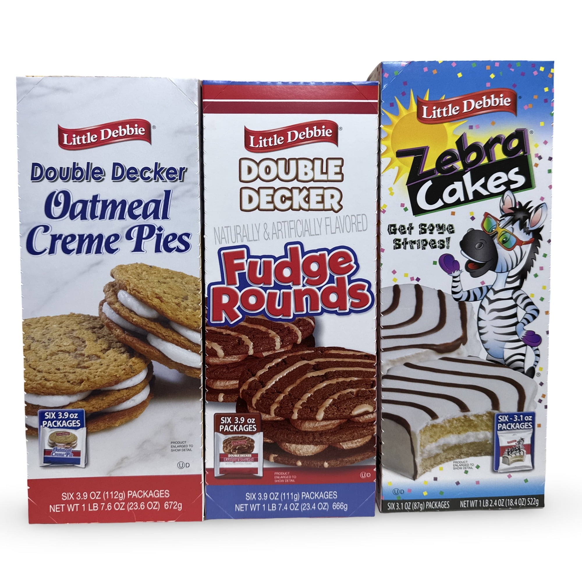 Little Debbie Mega Sized Cakes Combo Packs | Includes: Oatmeal Double Decker Rounds / Fudge Double Decker Rounds / Zebra Black & White Cakes | 18 Total