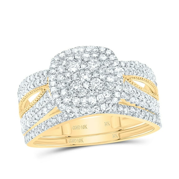 10Kt Yellow Gold 7/8Ctw Natural Diamond Nk Cushion Double Halo Bridal Set, Size 5