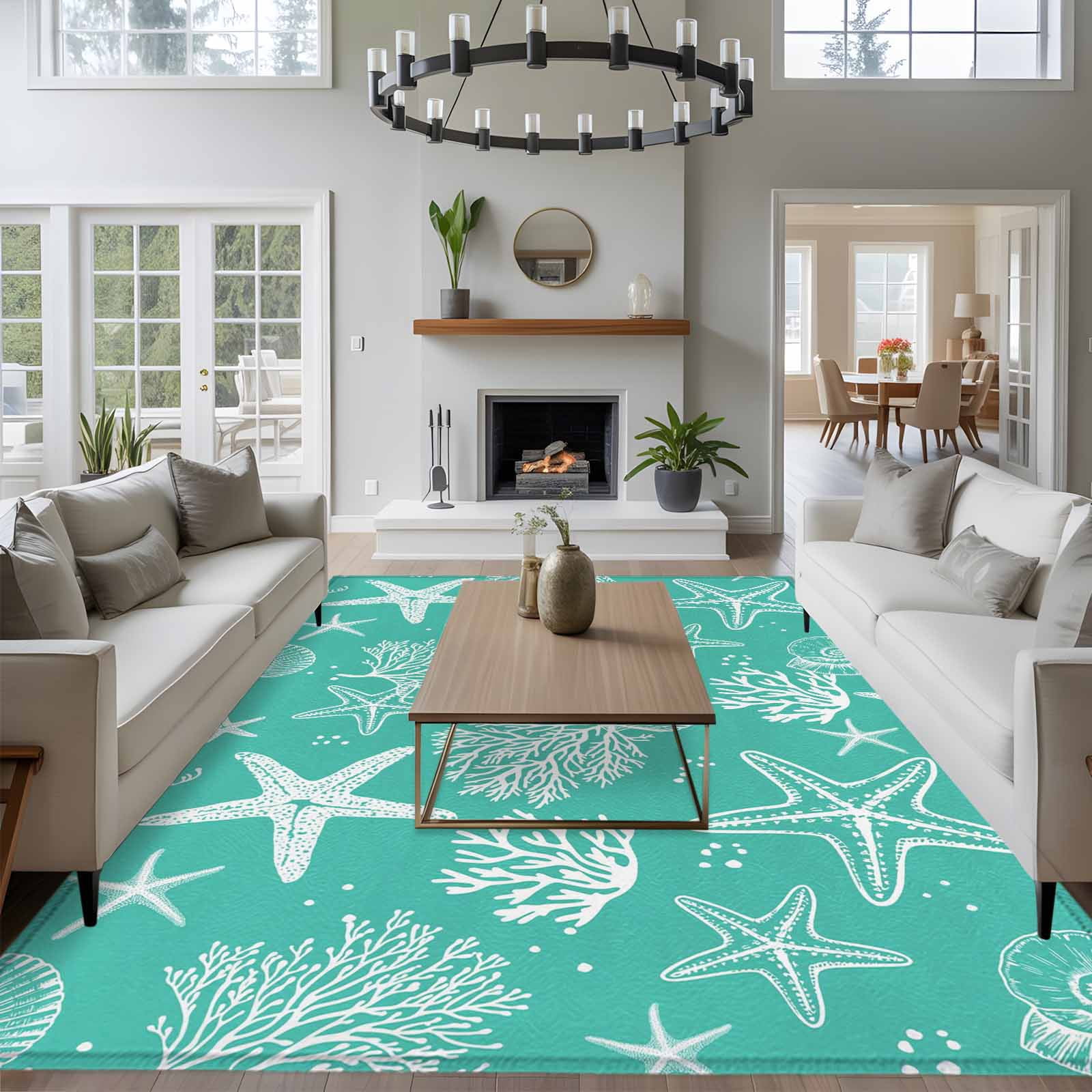 Teal Coastal Area Rugs 5'x7', Washable Small Throw Rugs for Laundry Room Playroom, Nautical Beach Starfish Coral Summer Indoor Outdoor Rug Non-Slip Low Pile Carpet Runner Reversible Floor Mats