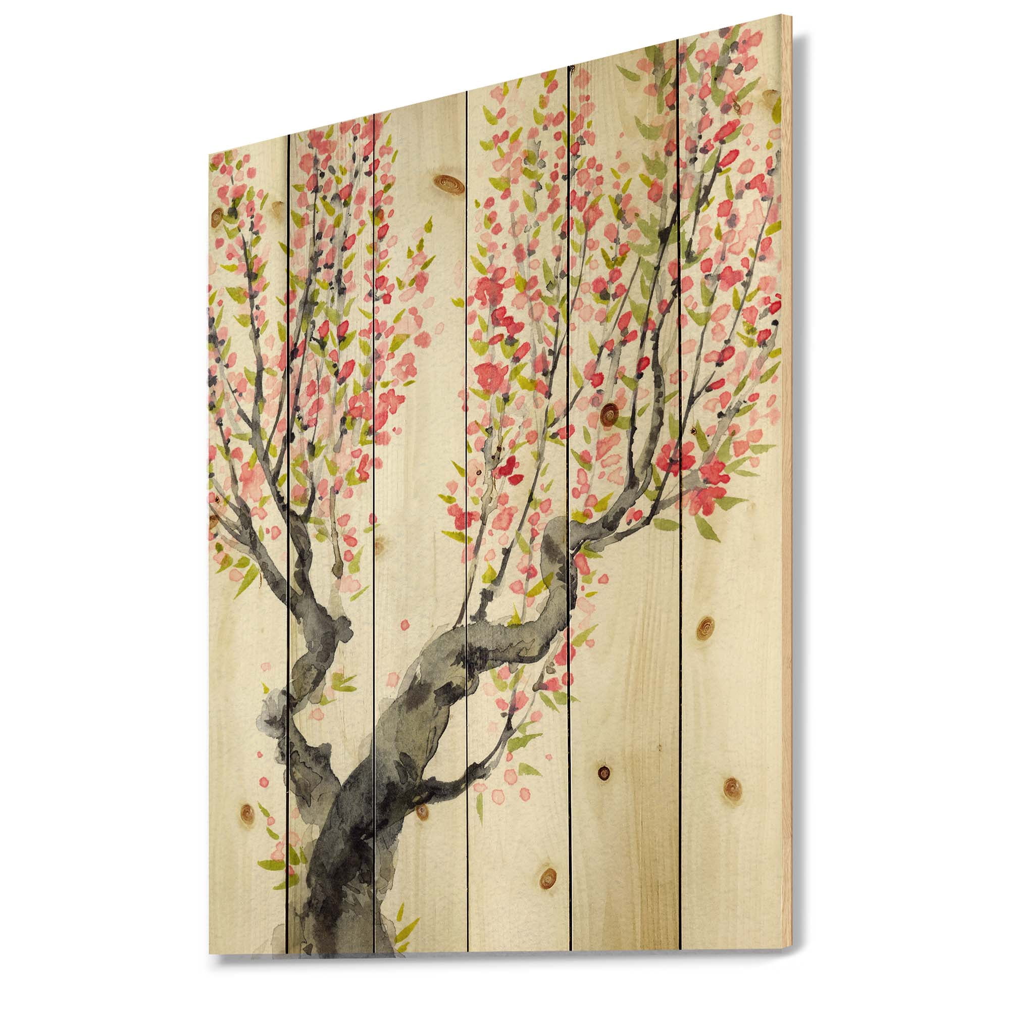 Designart 'Red Spring Flowers On Tree Branches' Traditional Print on Natural Pine Wood