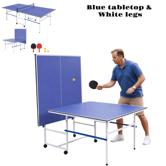 8FT Foldable Table Tennis Table with Net, 2 Paddles & 3 Balls, Blue & White