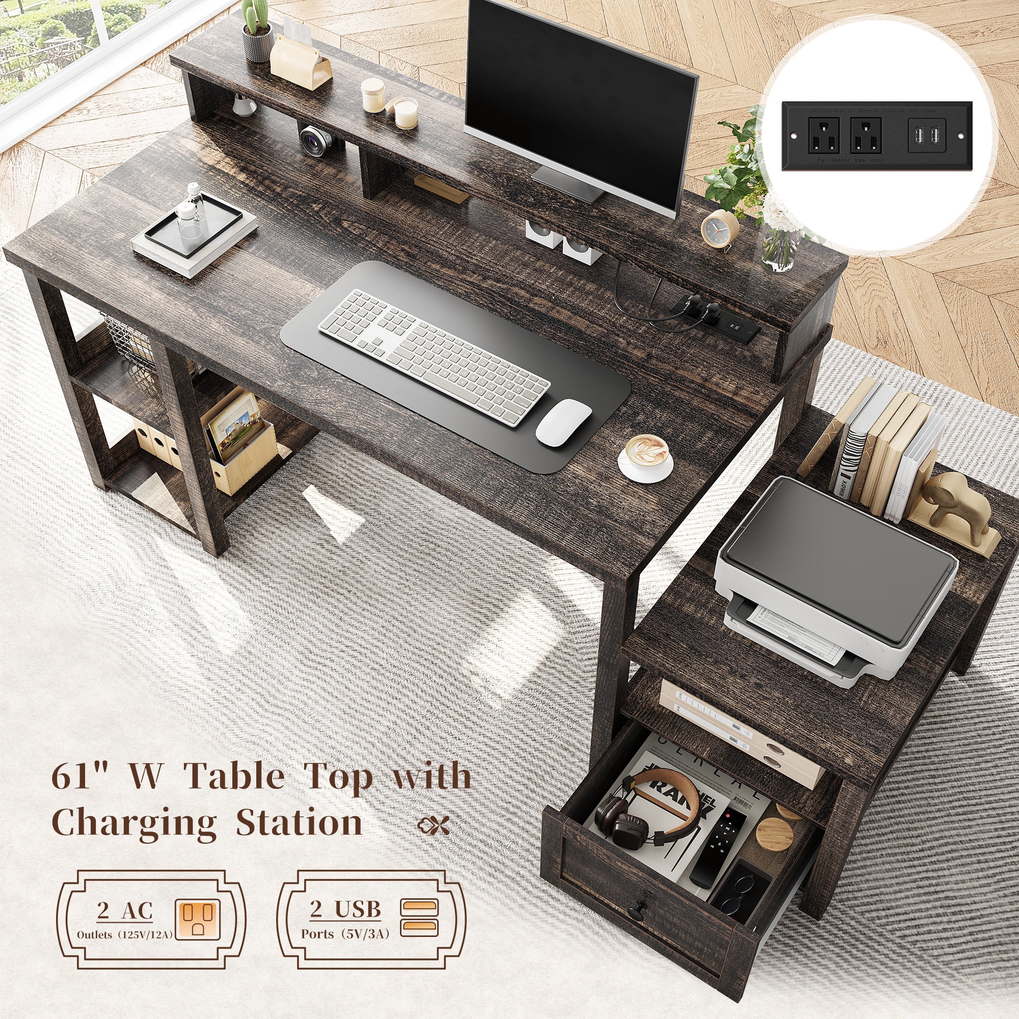 Romorgniz 60" Computer Desk Office Desk with Power Outlets & LED Light Home Office Desk with Drawers & 4 Open Storage Shelves Executive Desk with Monitor Stand for Working Writing,Dark Oak