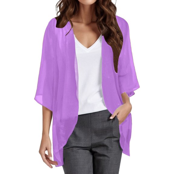 Siilsaa Women Cardigan 3/4 Sleeves Open Front Lightweight Cardigan Draped Ruffles Knit Cardigan Pink,5XL