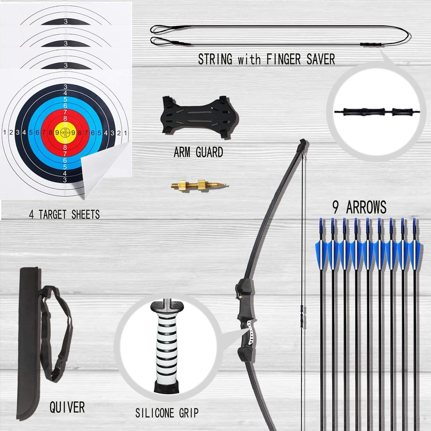 45" Youth Bow and Arrows Set for Kids 8-12 Teens Recurve Archery Beginner Gift Longbow Kit, Outdoor Hunting Play Gift Toys, 9 Arrows, 4 Target Face for Backyard Game Age 12-14 14-16