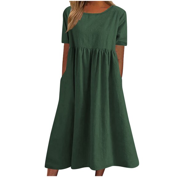 Admvng Midi Dress for Women Short Sleeve Round Neck Smock Dress with Pockets Casual Summer Sundress