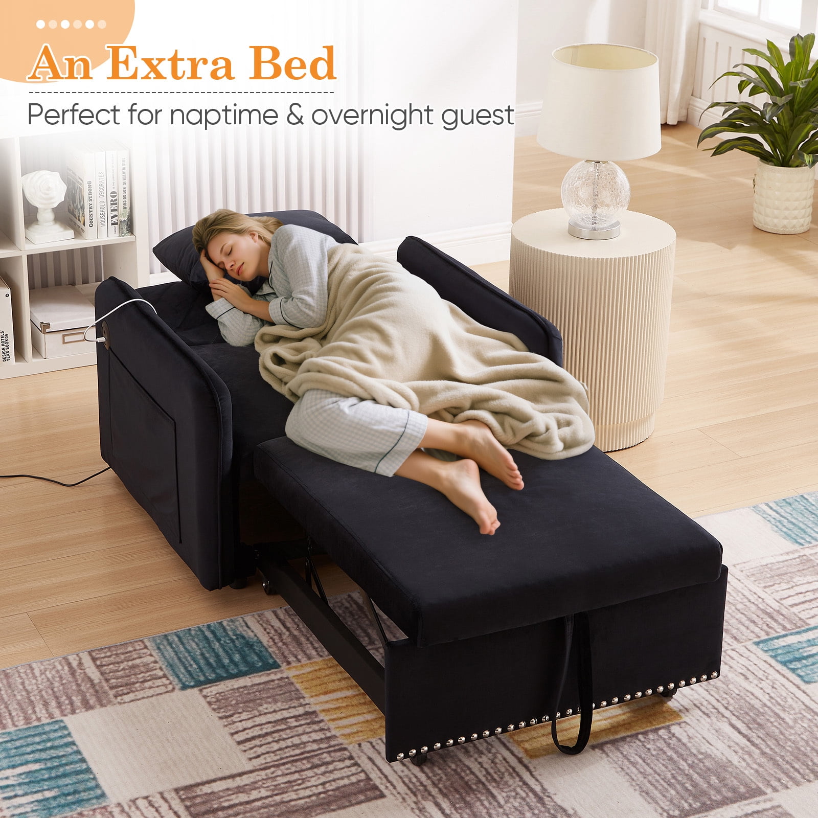 Lunale Convertible Sleeper Chair Bed, Indoor Lounge Chair with USB, Velvet Single Sofa Bed, Black