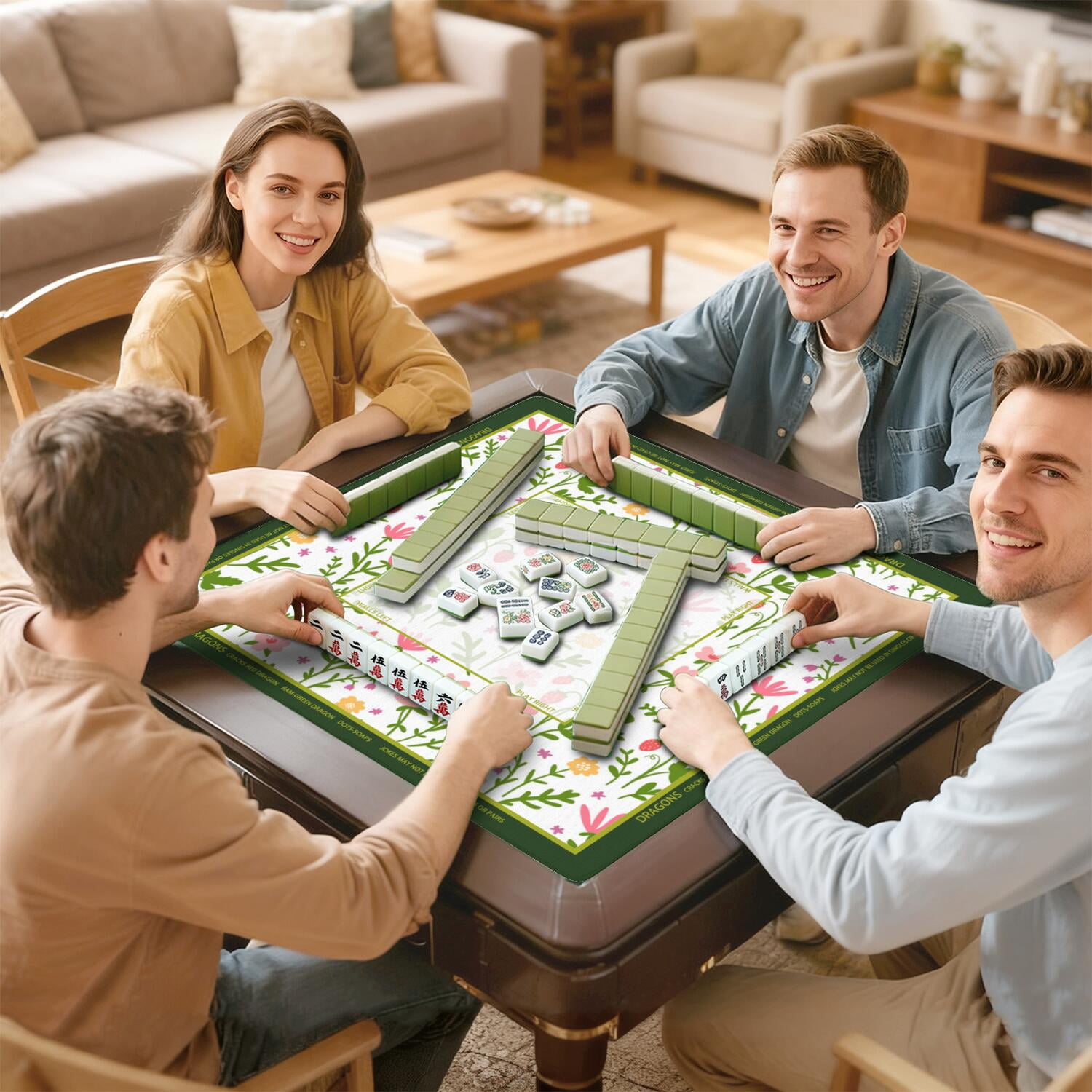 Flower Mahjong Mat with Rules, 31.5*31.5in Anti Slip American Mahjong Mat for Table, Noise Reduction, Neoprene Mah jongg Mats with Carrying Bag & 3 Dices, Mahjong Set Gift, Board Tile Games Mats