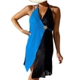 thumbnail image 2 of Qzwdhjm Womens Crochet Bathing Suit Coverup Halter Color Block Mini Dress Sleeveless Wrap Swimsuit Coverups Beach Loungewear Cover Up, 2 of 7
