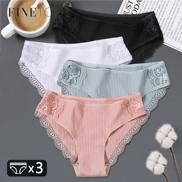 FINETOO Conjunto de bragas de algodon para mujer ropa interior de tiro bajo bragas de encaje de retazos de moda lenceria suave 2022 3 uds. Bodega Aurrera en linea