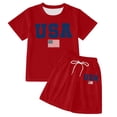 thumbnail image 4 of Toddler Girl Outfits Kids Stars and Stripes Print USA 250th Anniversary Crew Neck Short Sleeve Top and Above Knee Shorts Two Piece Set Red 2 Years-3 Years, 4 of 4