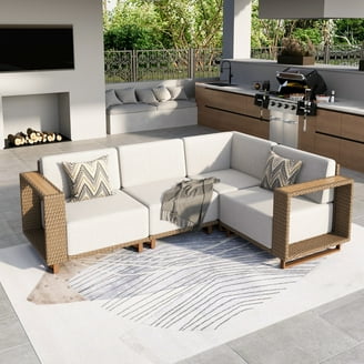 Thea Outdoor 9 Piece Acacia Wood Sectional Sofa Set and Cushions