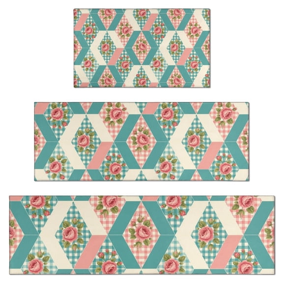 Pioneer Flower Floral Print Pattern Kitchen Rugs Sets Of 3,Kitchen Runner Rugs Non Skid Washable,Decorative Kitchen Floor Mats for Kitchen,Sink,Laundry,17X30 Inch 17X47 Inch 17X59 Inch