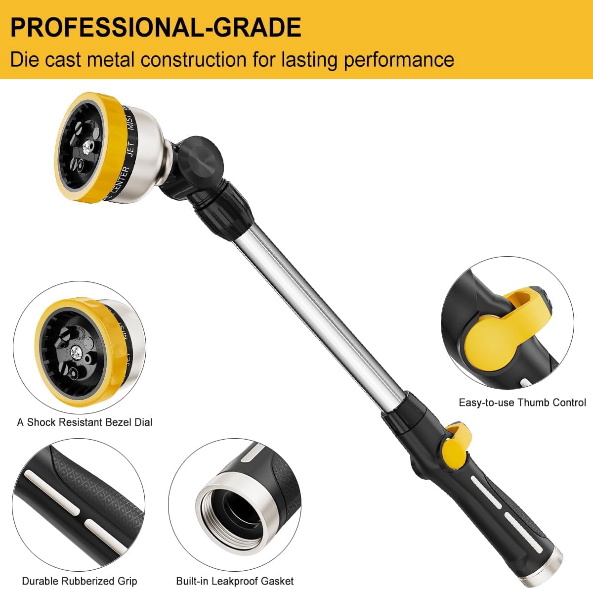 FANHAO Metal Watering Wand with 9 Sprayer Patterns, 16 inch Garden Hose Nozzle Wand for Lawn, Yellow