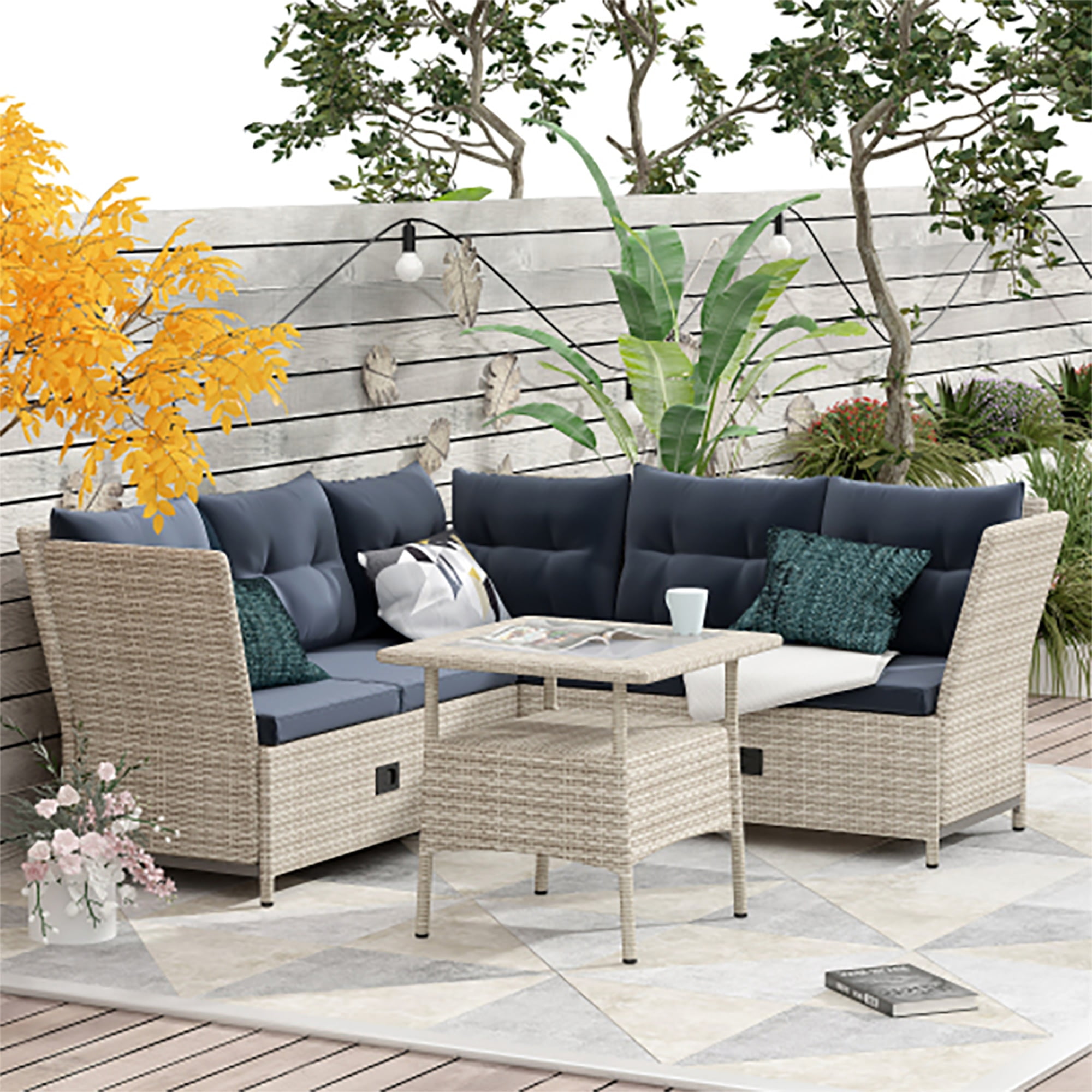 Kadyn All-weather PE Wicker Rattan Sectional Set with Adjustable Backrests for Outdoor Patio, Backyard, Poolside (4 Piece Natural Rattan + Gray Cushions)