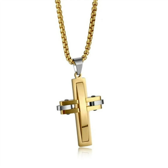 14K Yellow Gold Arc Cross Pendants Necklace For Men Women Unisex Jewelry