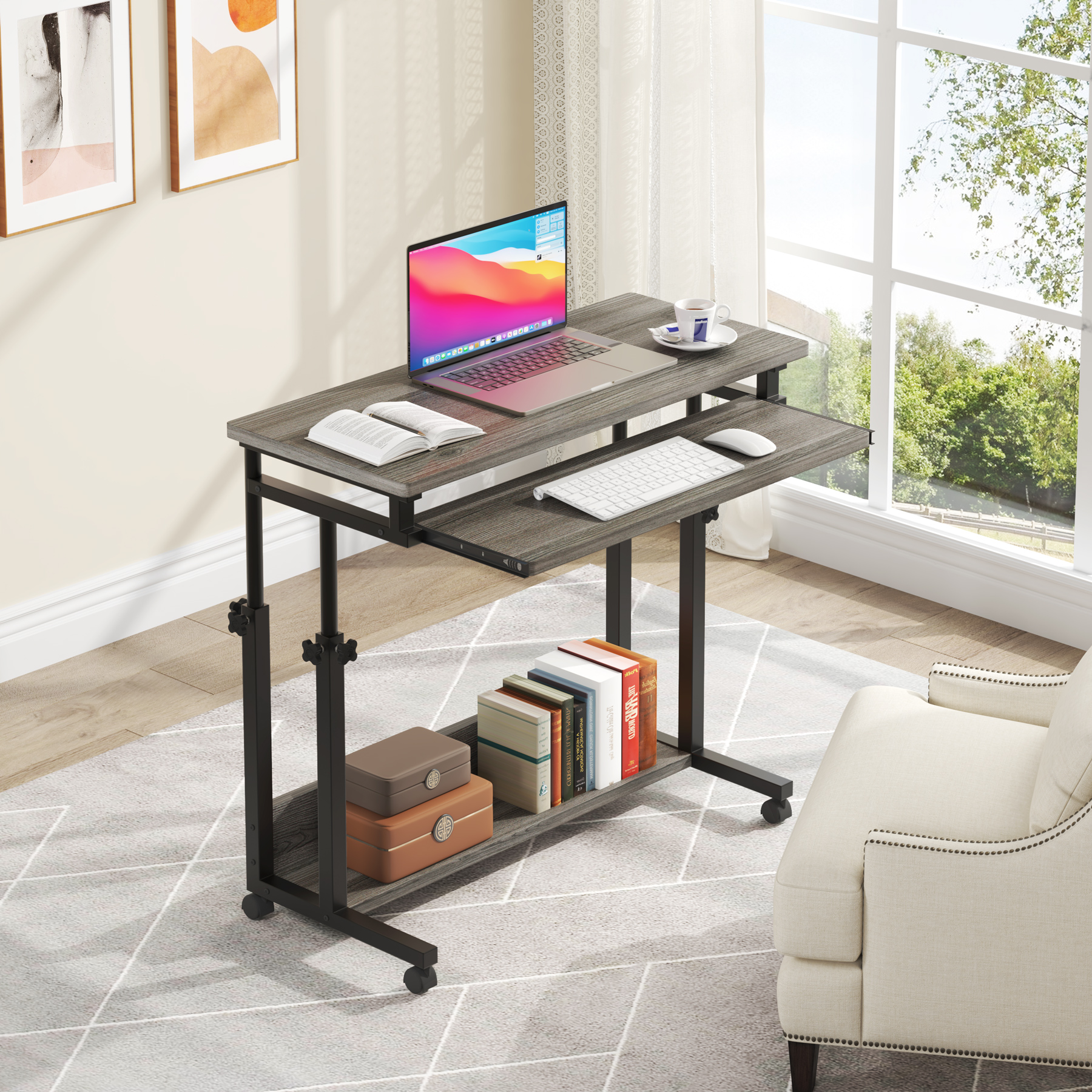 Tribesigns Portable Desk with Keyboard Tray, Height Adjustable Mobile Laptop Table Small Standing Desk with Wheels, Gray