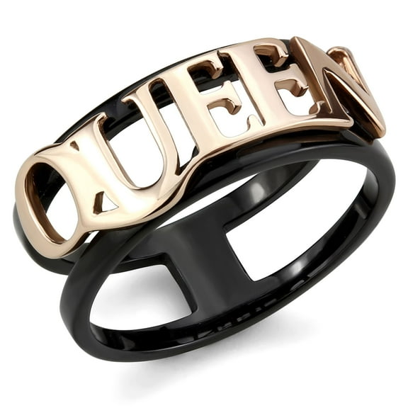 Luxe Jewelry Designs Women's Ion Plated Rose Gold and Black Stainless Steel "QUEEN" Ring - Size 10