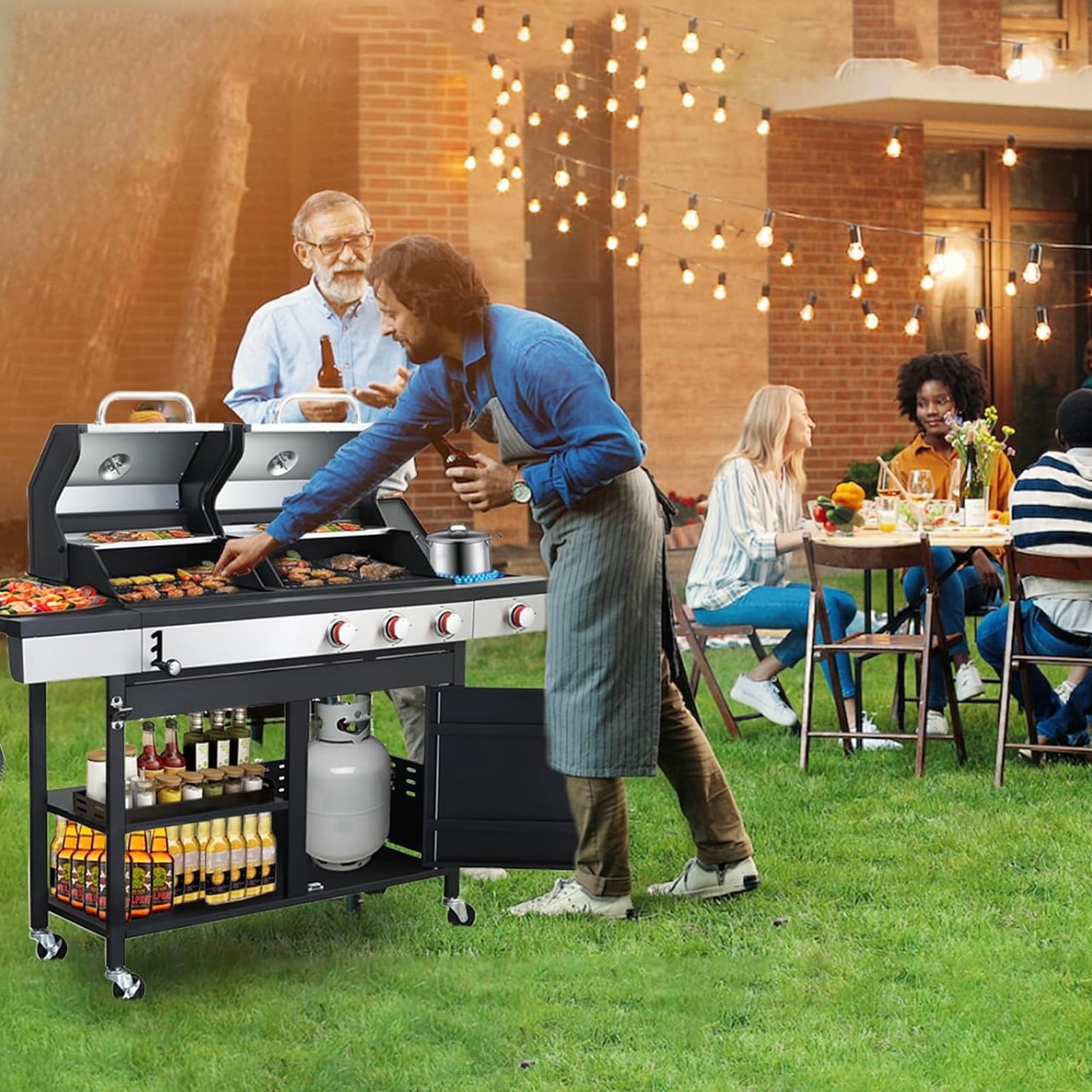 Propane gas and Charcoal grills Combo cast iron griddle, Stainless Steel 37230 BTU Outdoor Barbecue Grill, BBQ Grill with Side Burner, High temperature resistance