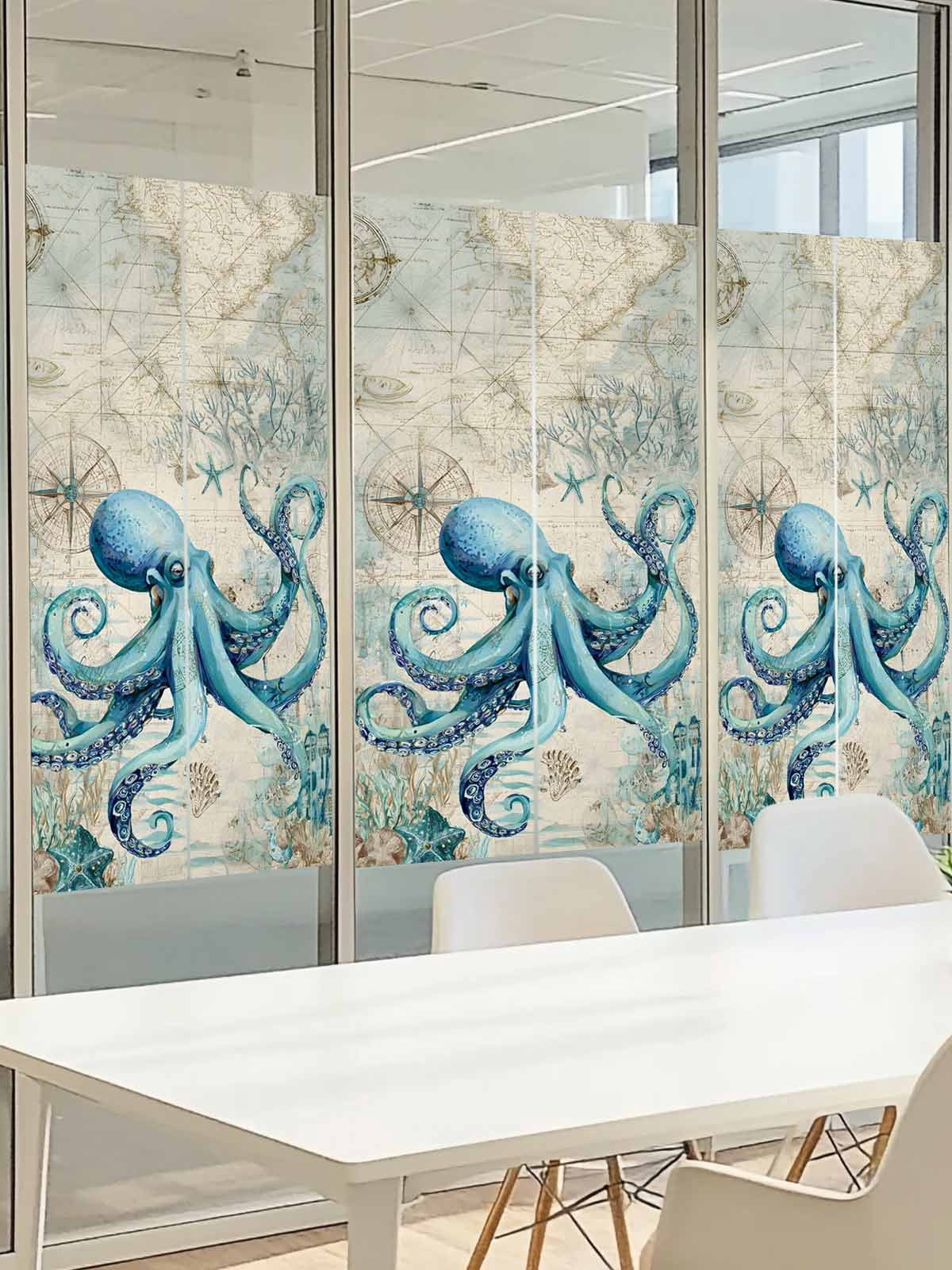 Summer Nautical Window Privacy Film, Teal Octopus Ocean Corals Compass Retro Brown Frosted Glass Window Clings Static Cling UV Heat Blocking Reusable Door Sticker for Bathroom 23.6 x 59 Inch