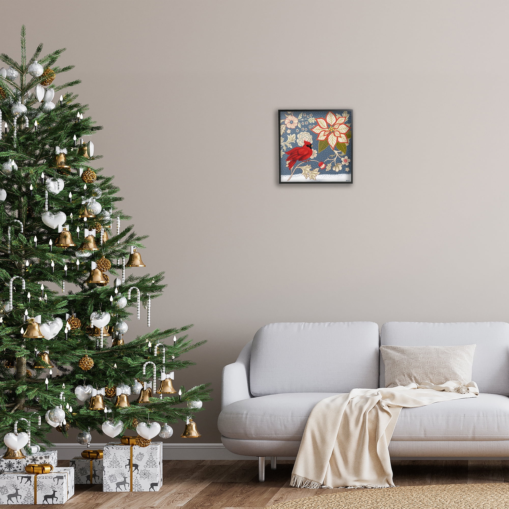 Stupell Industries Winter Cardinal with Flowers Animals & Insects Painting Black Framed Art Print Wall Art, 17 x 17