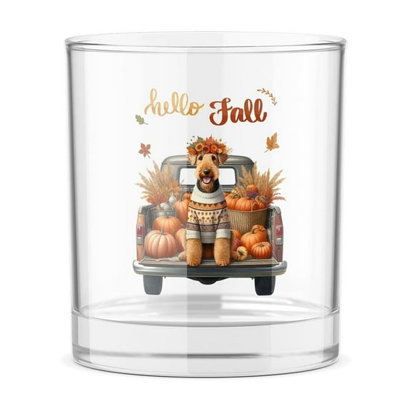 Hello Fall Autumn Airedale Terrier Pumpkins Pickup Truck 11oz Whiskey Glass Mug Dale Waterside Dog Lover Whiskey Cocktail Glasses Cup - 13011