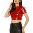 thumbnail image 4 of INSPIRE CHIC Women's Mock Neck Party Short Sleeve Metallic Crop Tops M Red, 4 of 6