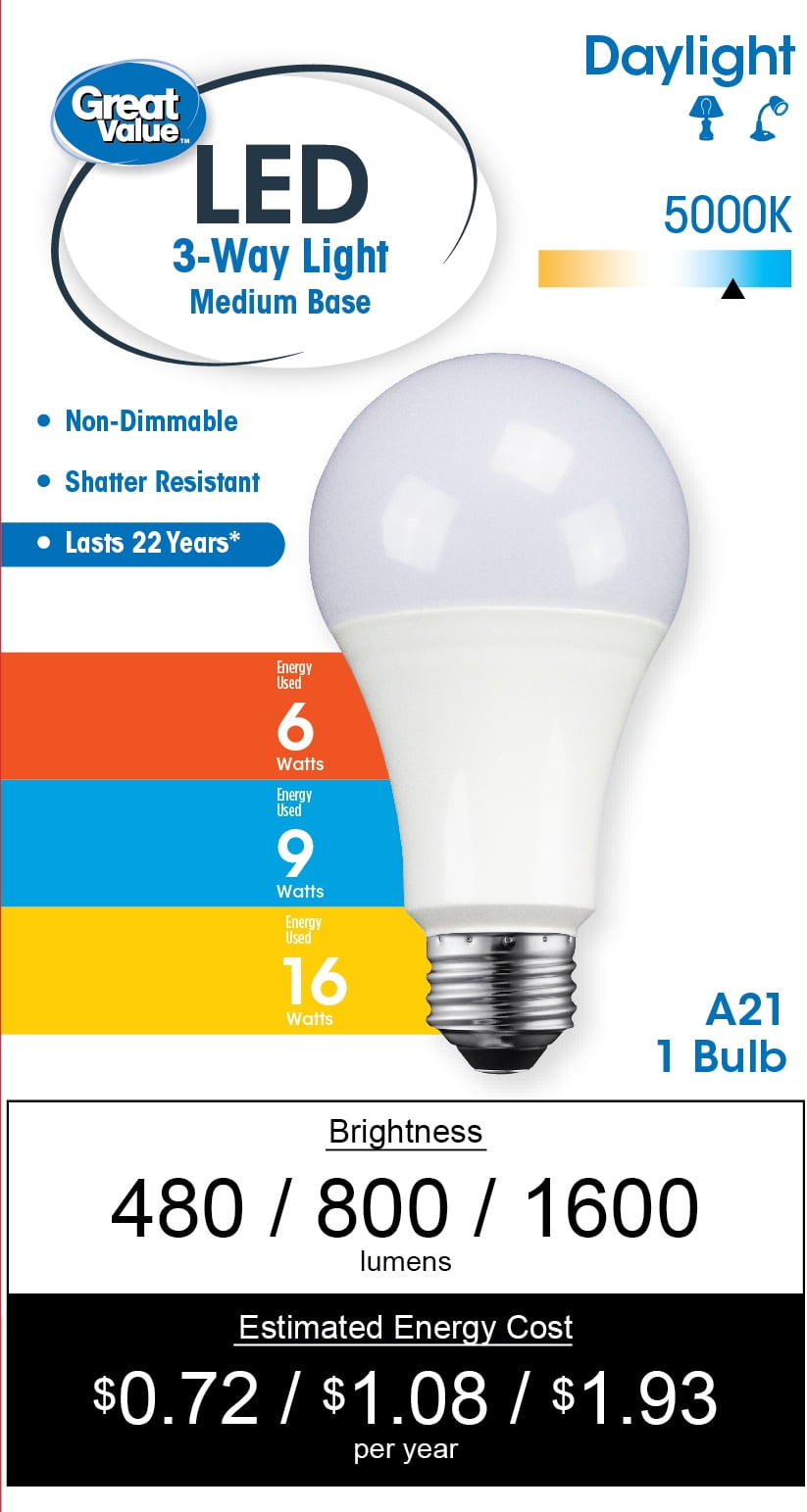 (2 pack) Great Value LED A21 Light Bulb, 16W (100W Equivalent) 3way Lamp E26 Medium Base, Non-Dimmable, Daylight, 1 Pack
