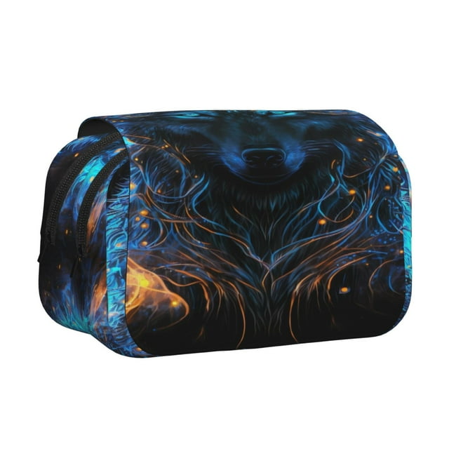 Disketp Cool Blue Light Wolf Estuche de Lápices de Doble Capa con Tapa Abatible y Cremallera, Organizador Escolar para Adolescentes y Adultos