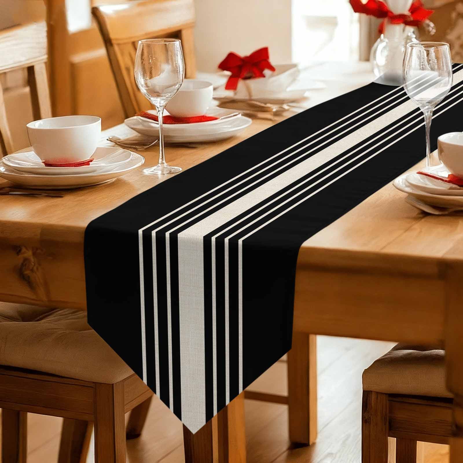 Black Beige Striped Table Runner Linen Burlap Table Runner 72 Inches Long Modern Farmhouse Retro Lines Dresser Scarves for Kitchen Island Coffee Dining Room Party Holiday Decoration 18"x72"