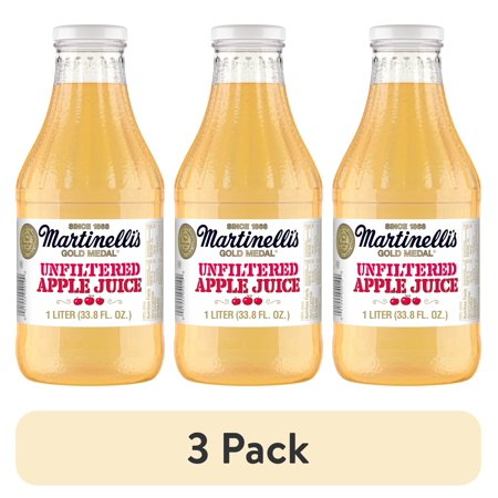 (3 pack) Martinelli's Unfiltered Apple Juice, Multi-Serve Glass Bottle, 1 Liter