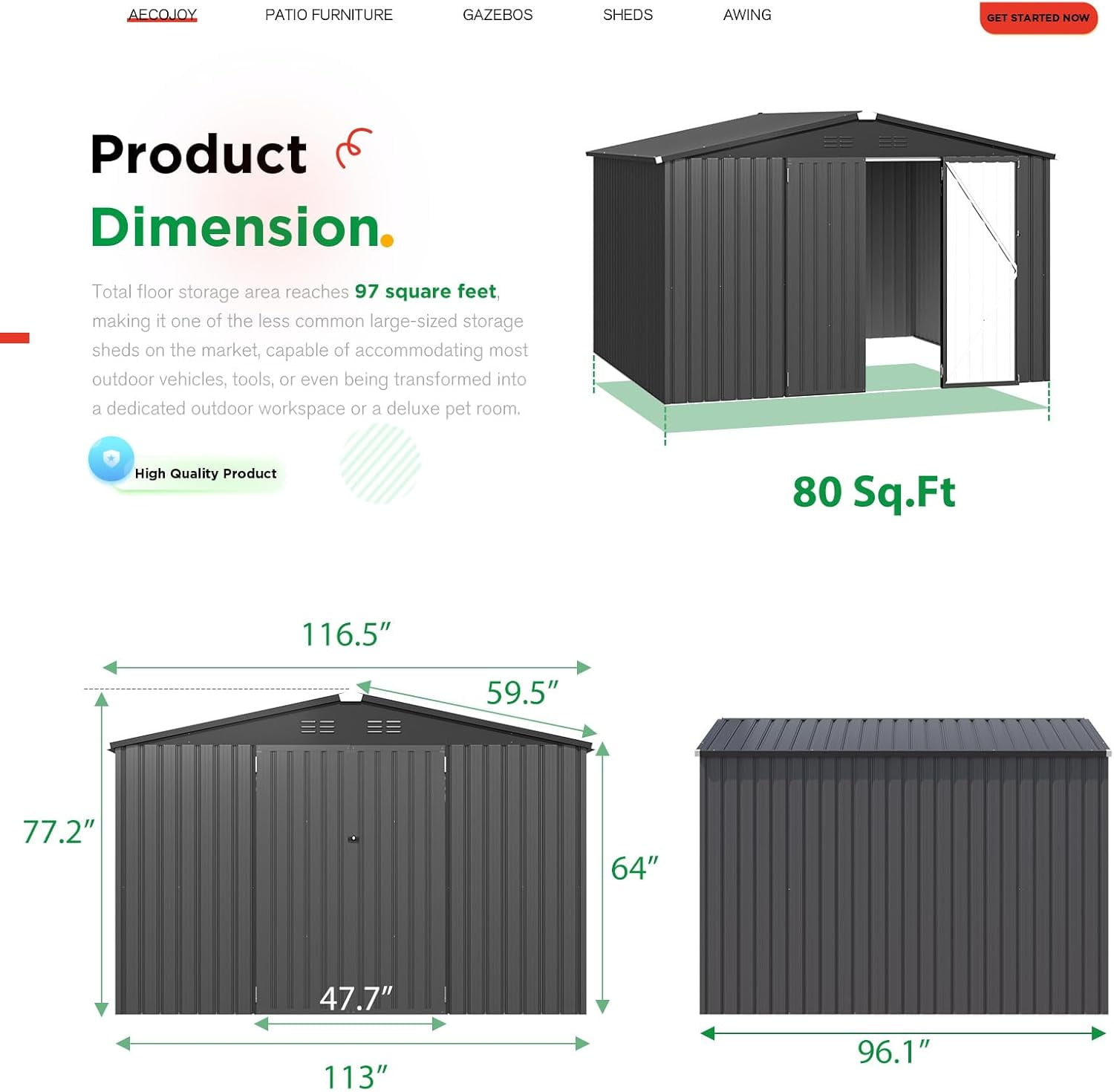 YODOLLA 8 x 10 ft. Outdoor Metal Storage Shed with Sliding Roof & Lockable Door in Dark Grey for Garden, Patio& Backyard
