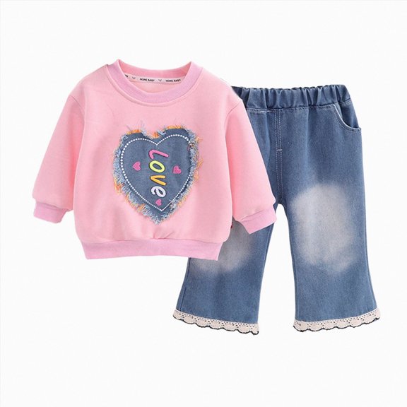 Toddler Girls Outfits 9 12 18 24 Months 2T 3T 4T 5T Girls Fall Winter Clothes Toddler Girls Ruffle Long Sleeve Cute Top Jeans Bell-bottomed Pants 2PCS Set Pink Size 2-3 Years