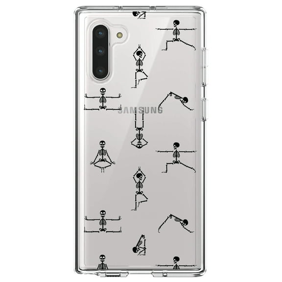 DistinctInk Clear Shockproof Hybrid Case for Samsung Galaxy Note 10 (6.3" Screen) - TPU Bumper, Acrylic Back, Tempered Glass Screen Protector - Yoga Skeletons